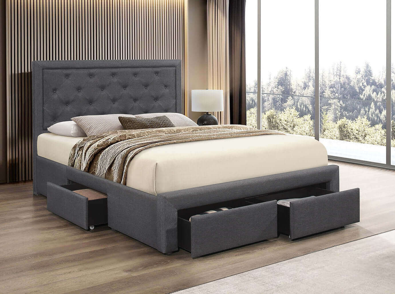 IF 5295 Dark Grey Fabric Platform Bed with 3 Drawers