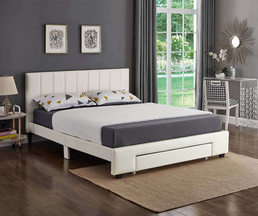 IF 5482 White PU Bed with Padded Headboard and Storage Drawer