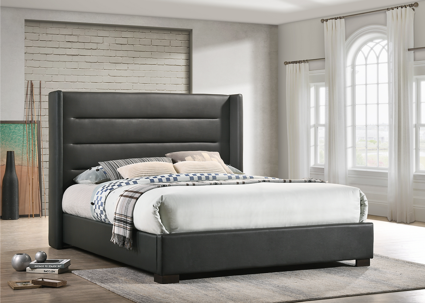 Modern Upholstered Bed Frame with Wingback Headboard & Horizontal Tufted Panels