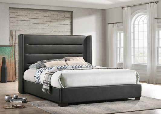 Modern Upholstered Bed Frame with Wingback Headboard & Horizontal Tufted Panels