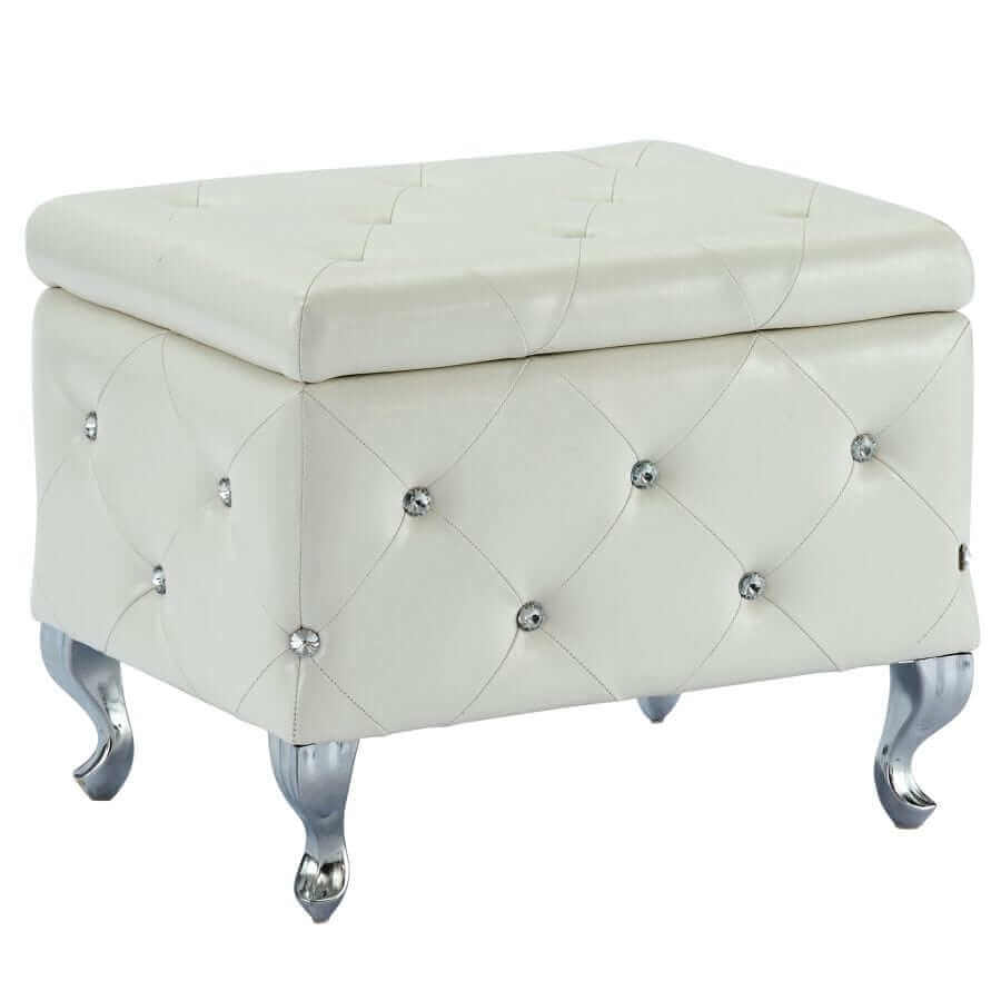 Monique Square Storage Ottoman in White and Chrome