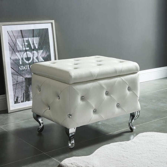 Monique Square Storage Ottoman in White and Chrome