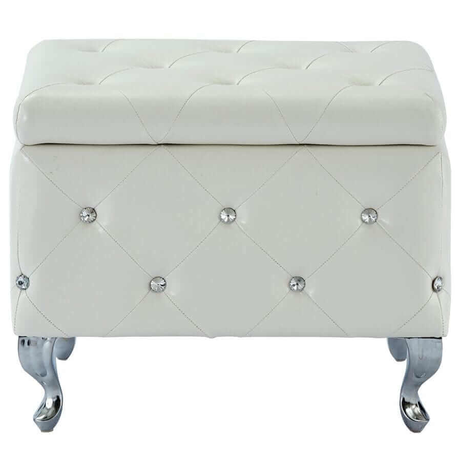 Monique Square Storage Ottoman in White and Chrome