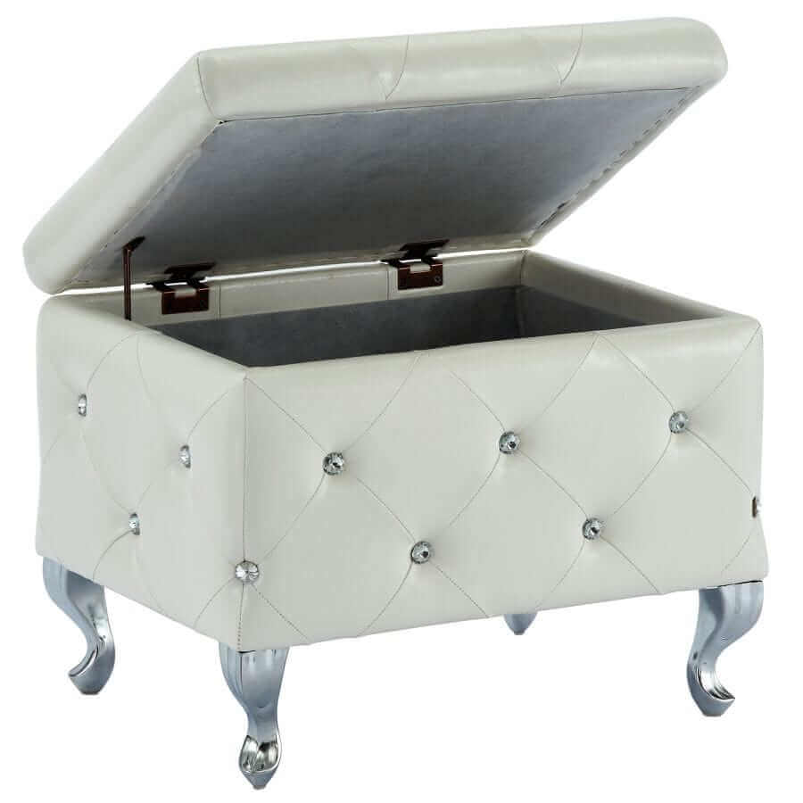 Monique Square Storage Ottoman in White and Chrome