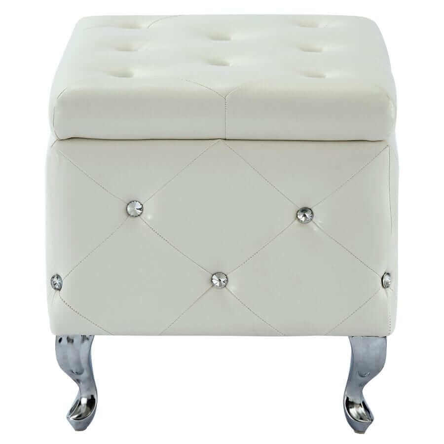 Monique Square Storage Ottoman in White and Chrome