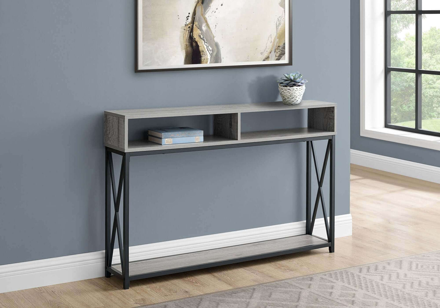 Accent Table - 48"L / Grey / Black Metal Hall Console