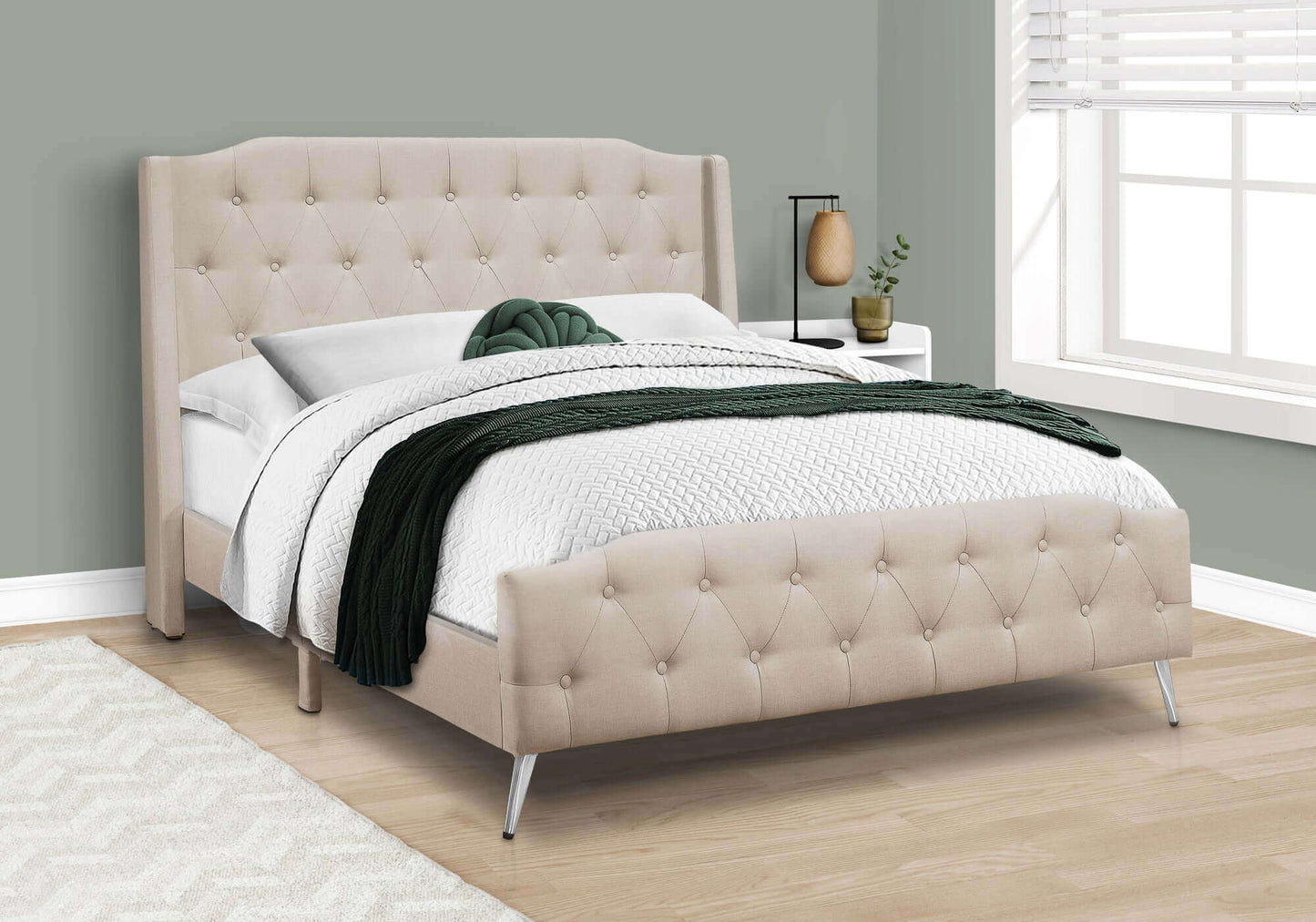 Bed - Queen Size / Beige Linen with Chrome Metal Legs