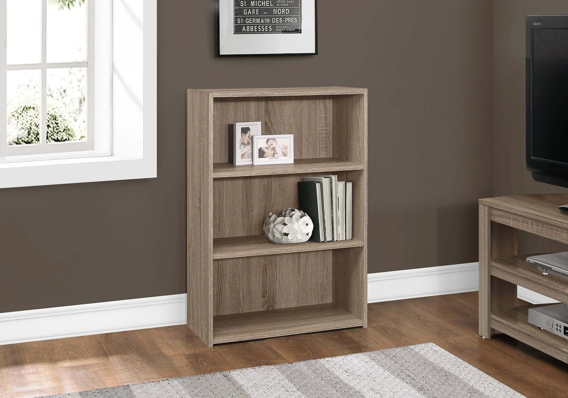 Monarch Specialties - Transitional 36"H 3 Shelf Bookcase in Dark Taupe Finish - I 7477