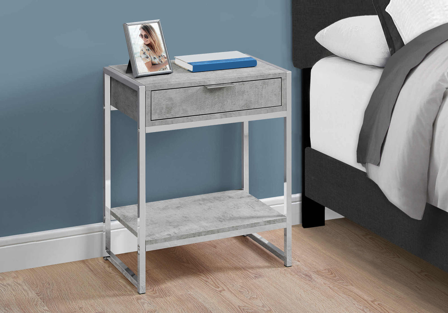 Monarch Specialties - Modern 24"H Nightstand in Grey Cement- Finish on Chrome Frame - I 3481