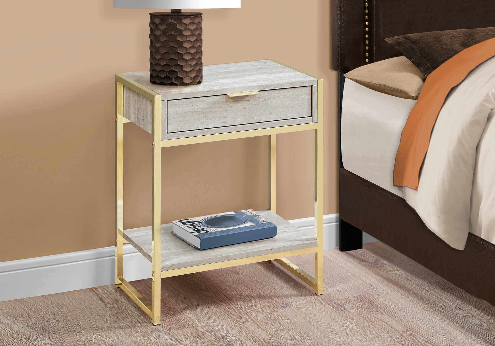 Nightstand - 24"H / Beige Marble / Gold Metal