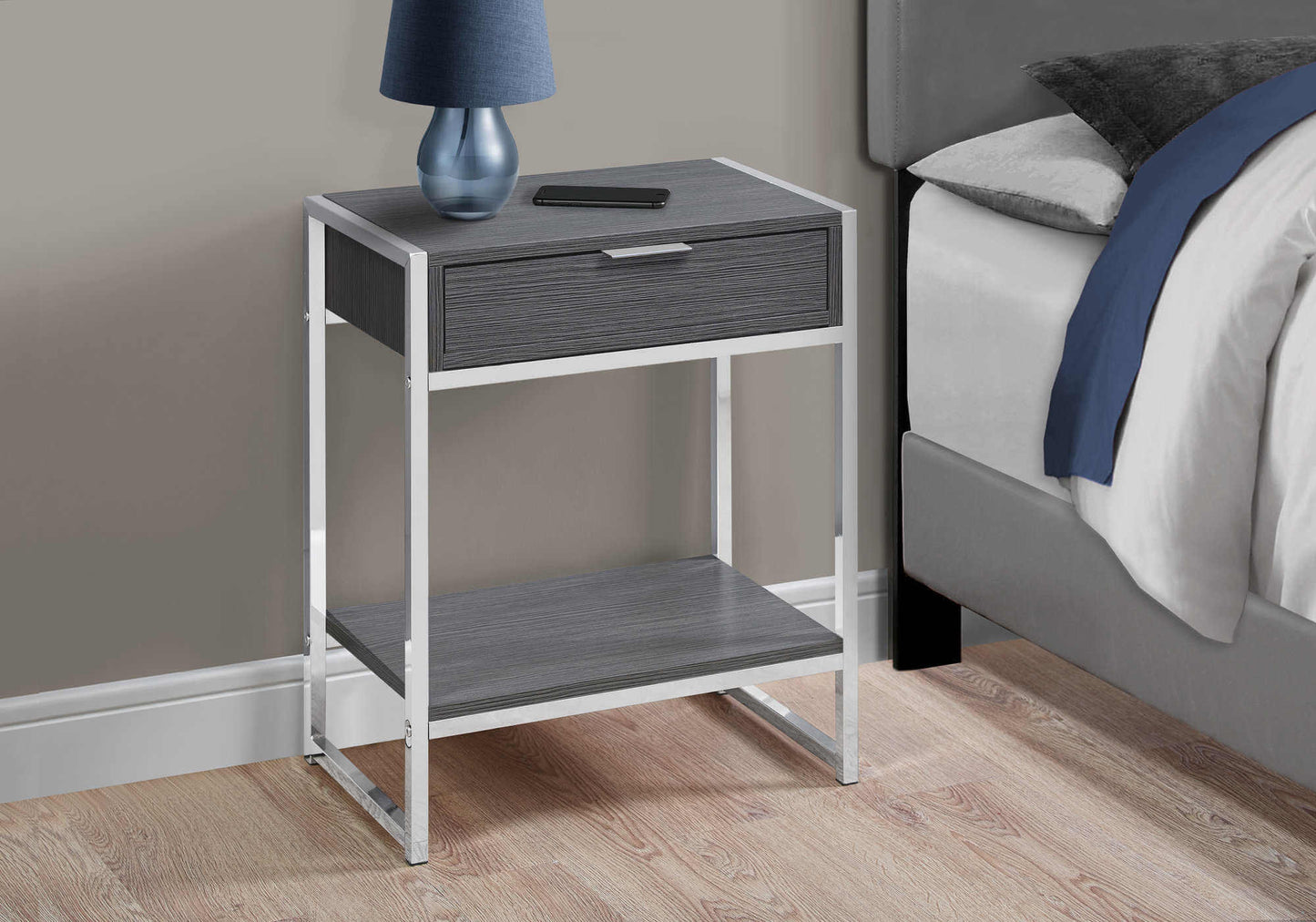 Monarch Specialties - Modern 24"H Nightstand in Grey Finish on Chrome Frame - I 3484