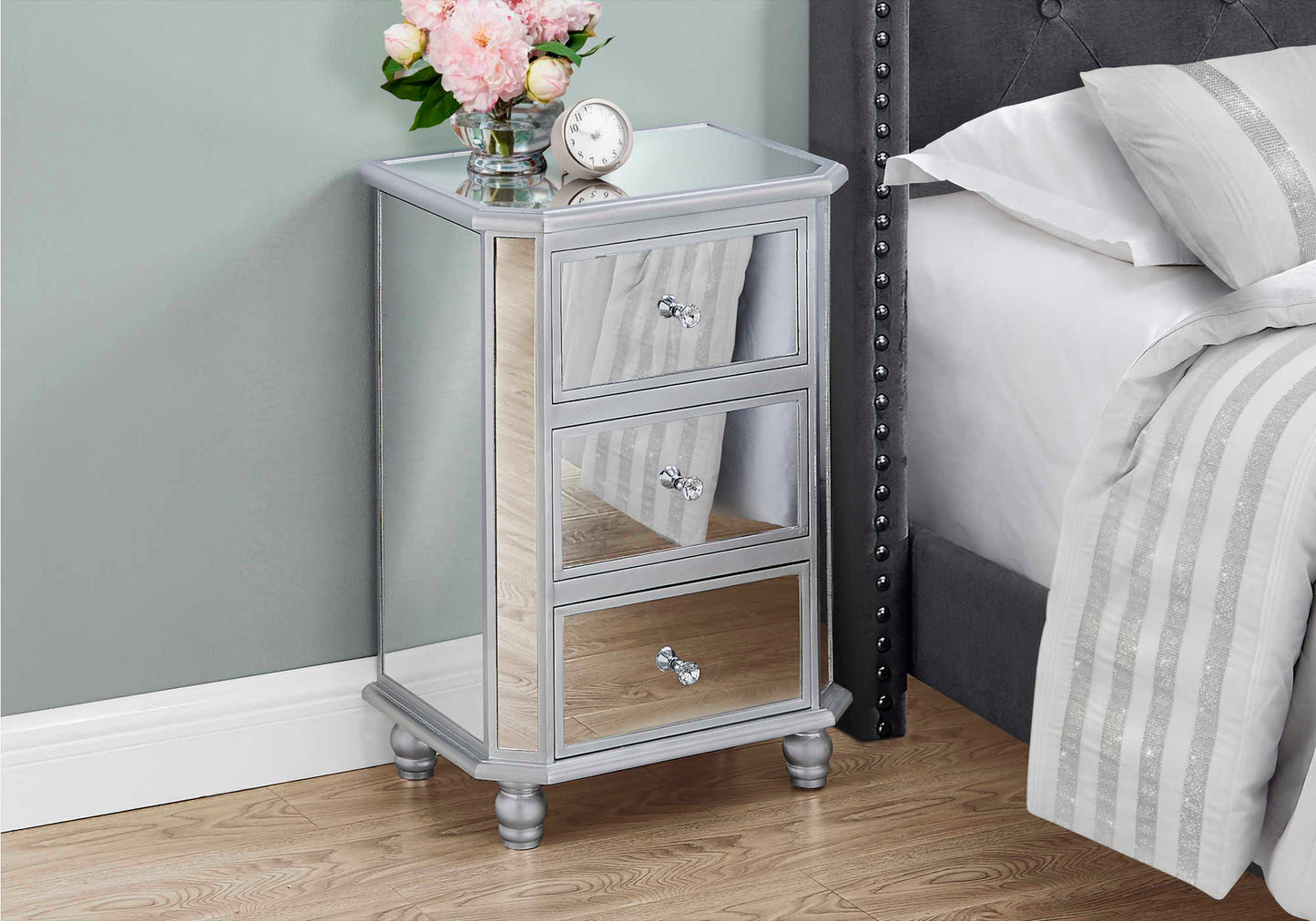 Monarch Specialties - Transitional Mirrored Nightstand with Brushed Silver Finish - I 3732