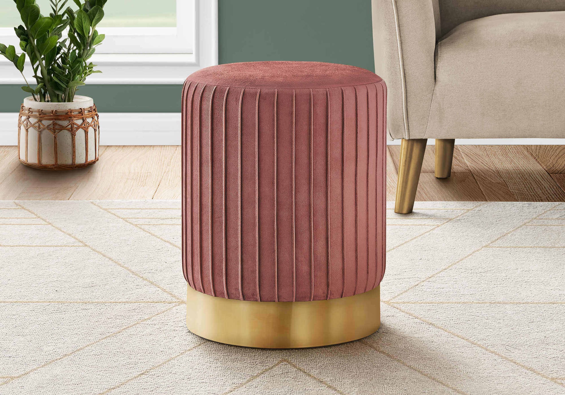 Ottoman - Dark Pink Velvet / Gold Metal Base