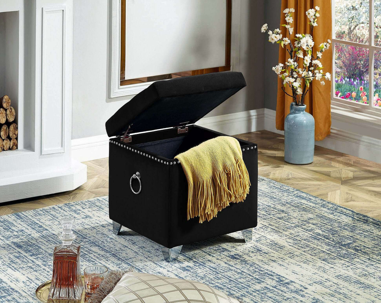 IF 6296 Black Velvet Storage Ottoman