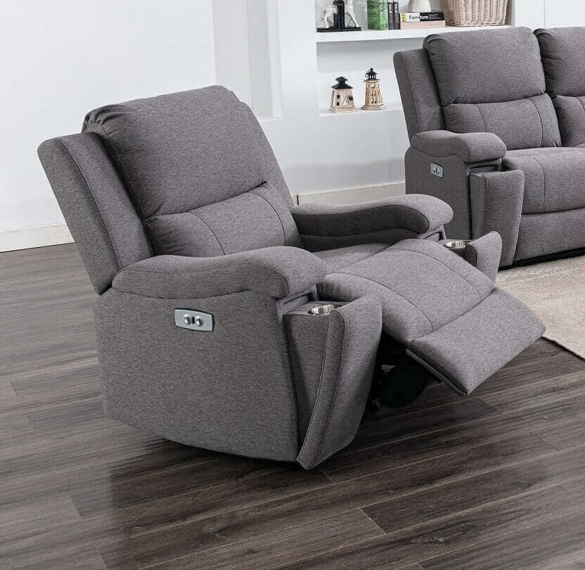 International Furniture Distribution Centre - Power Recliner Chair in a Soft Grey Fabric, 2 cup holders and USB. - IF 8030