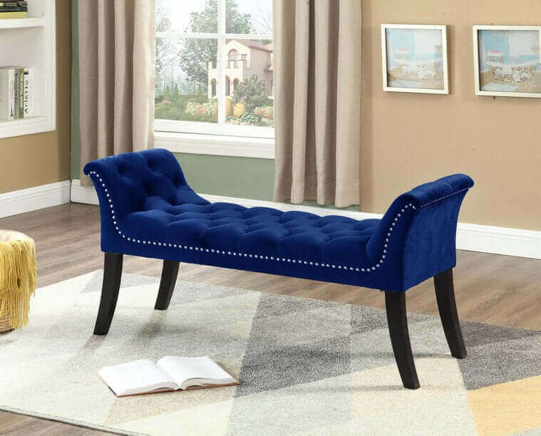 IF 6232 Navy Blue Velvet Bench with Deep Tufting and Nail Head Details