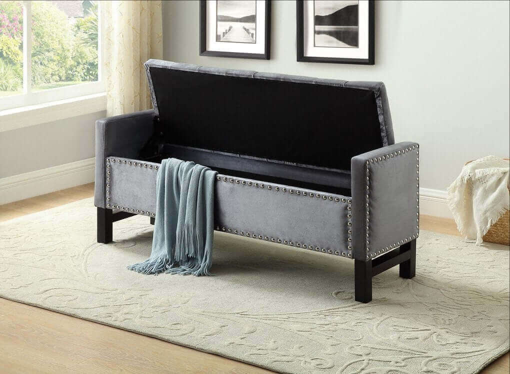 IF 6400 Grey Velvet Storage Bench with Chrome Nailhead Details