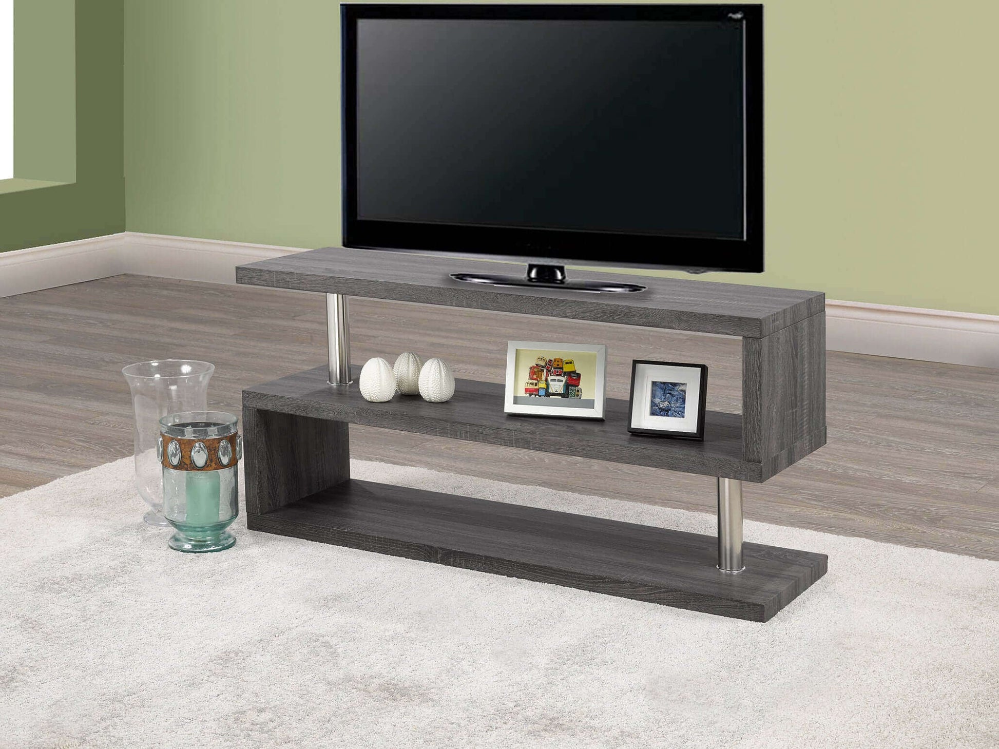 International Furniture Distribution Centre - Grey Wood Finish TV Stand with Chrome Accents - IF 5018