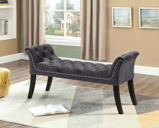 IF 6230 Grey Velvet Bench with Deep Tufting and Nail Head Details