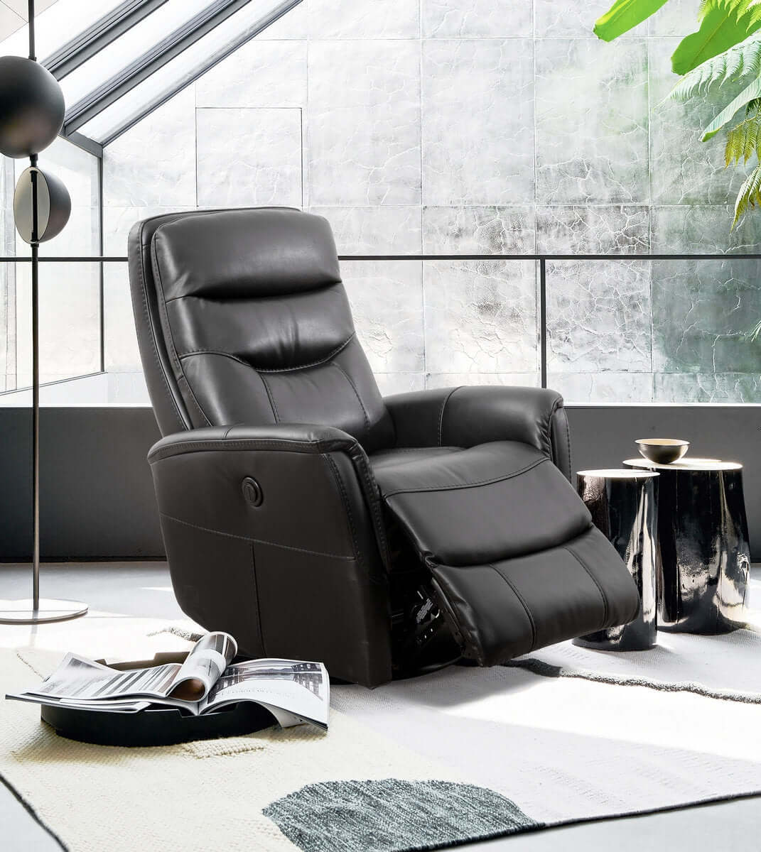 International Furniture Distribution Centre - Black PU Swivel Power Recliner Chair with Solid Hardwood Frame - IF 6300