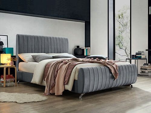 IF 5675 Grey Velvet Bed with Deep Tufting and Chrome Legs