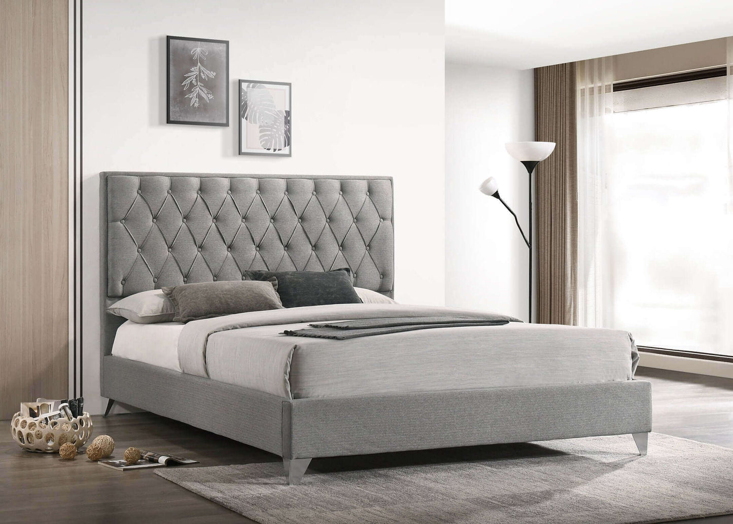 IF 5225 Grey Fabric Bed with Diamond Pattern Button Details