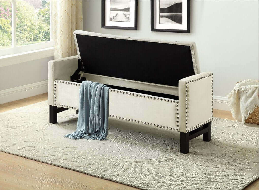 IF 6402 Creme Velvet Storage Bench with Chrome Nailhead Details