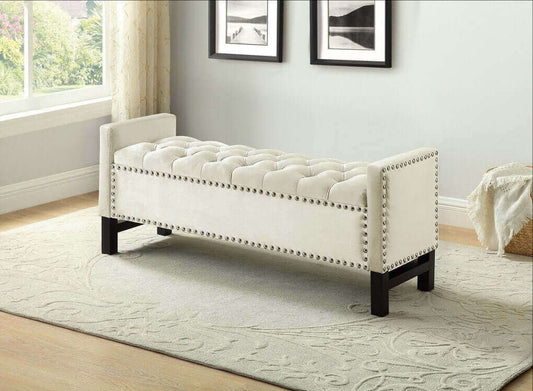 IF 6402 Creme Velvet Storage Bench with Chrome Nailhead Details