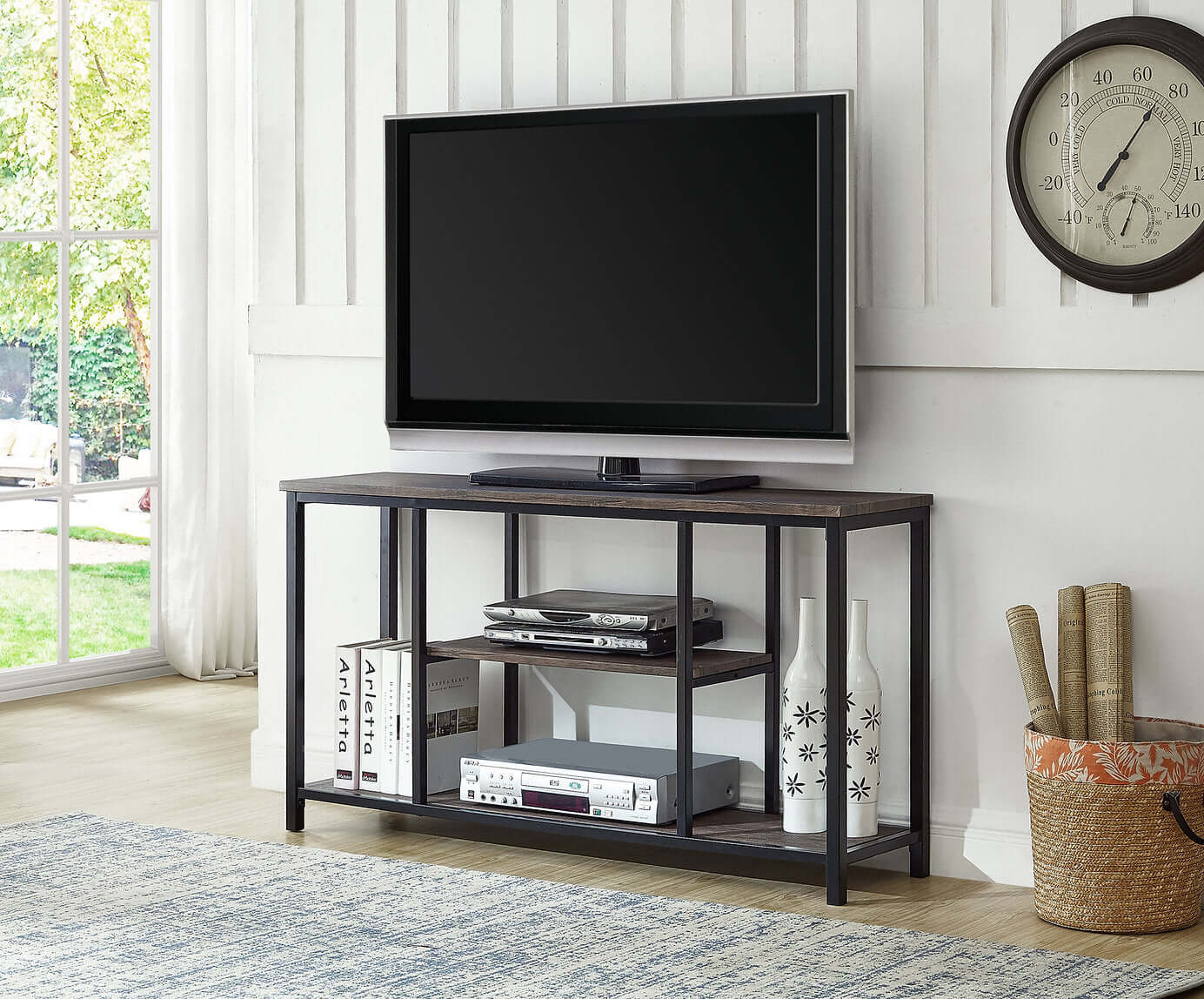 International Furniture Distribution Centre - TV Stand With Distressed Wooden Top and Metal Base - IF 5032