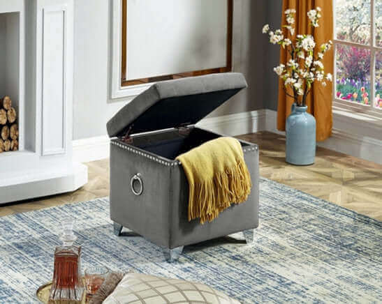 IF 6295 Grey Velvet Square Storage Ottoman