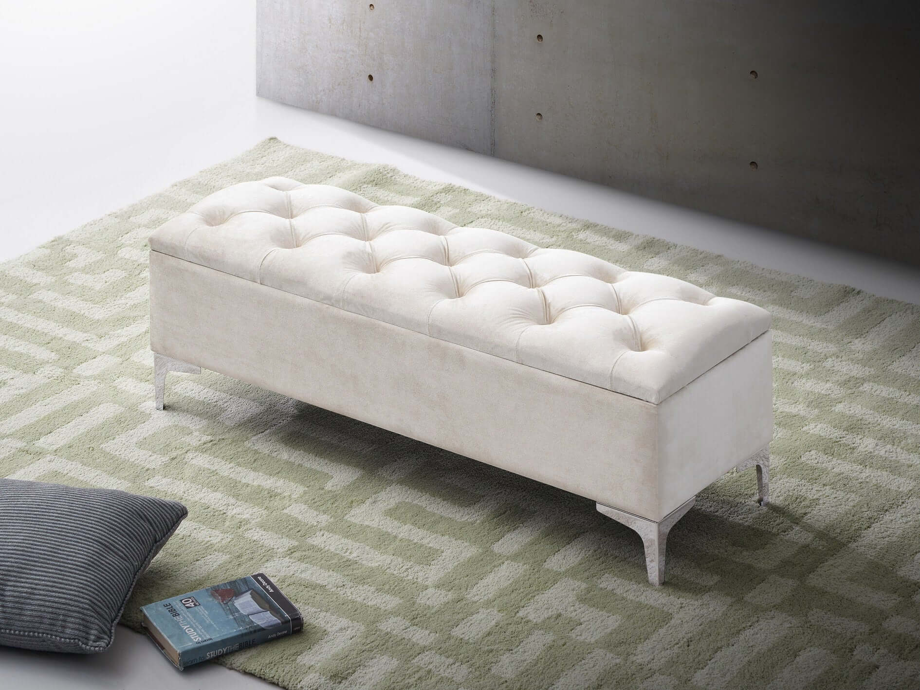 International Furniture Distribution Centre - Creme Velvet Storage Bench with Button Tufting & Sleek Chrome Legs - IF-6502
